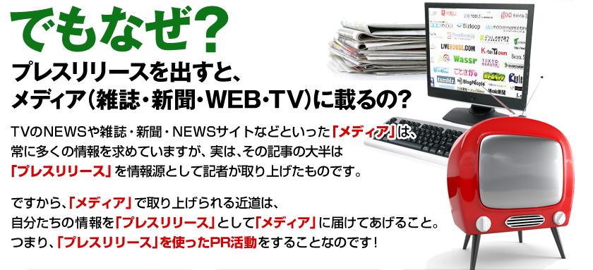 でもなぜ？プレスリリースを出すと、メディア（雑誌・新聞・WEB・TV）に載るの？TVのＮＥＷＳや雑誌・新聞・ＮＥＷSサイトなどといった「メディア」は、常に多くの情報を求めていますが、実は、その記事の大半は「プレスリリース」を情報源として記者が取り上げたものです。　ですから、「メディア」で取り上げられる近道は、自分たちの情報を「プレスリリース」として「メディア」に届けてあげること。つまり、「プレスリリース」を使ったＰＲ活動をすることなのです！